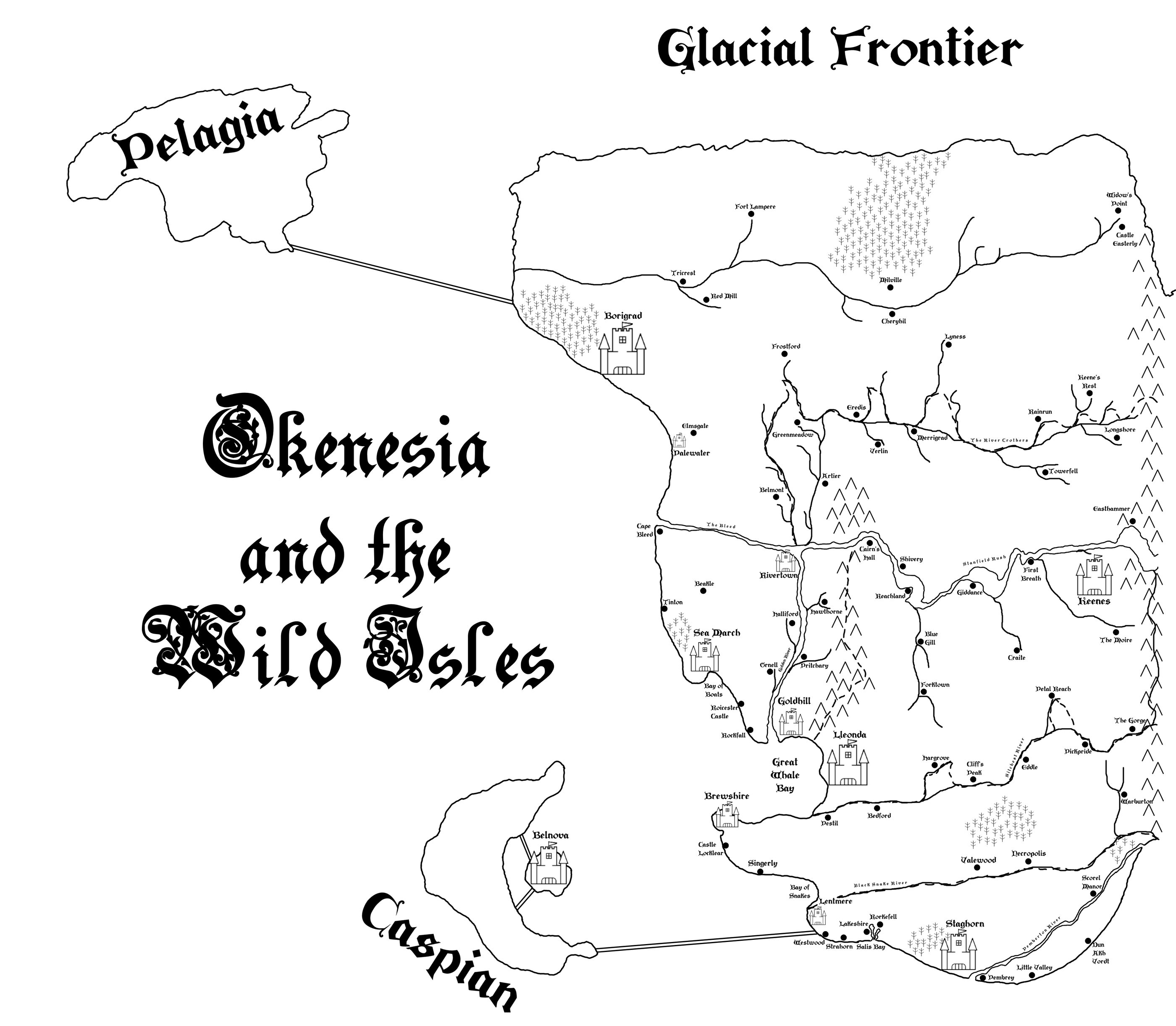 Hand-drawn map of the continent of Okenesia and the Wild Isles, showing the Glacial Frontier in the north, the duchies, rivers, mountains and forests, and the islands of Pelagia and Caspian.